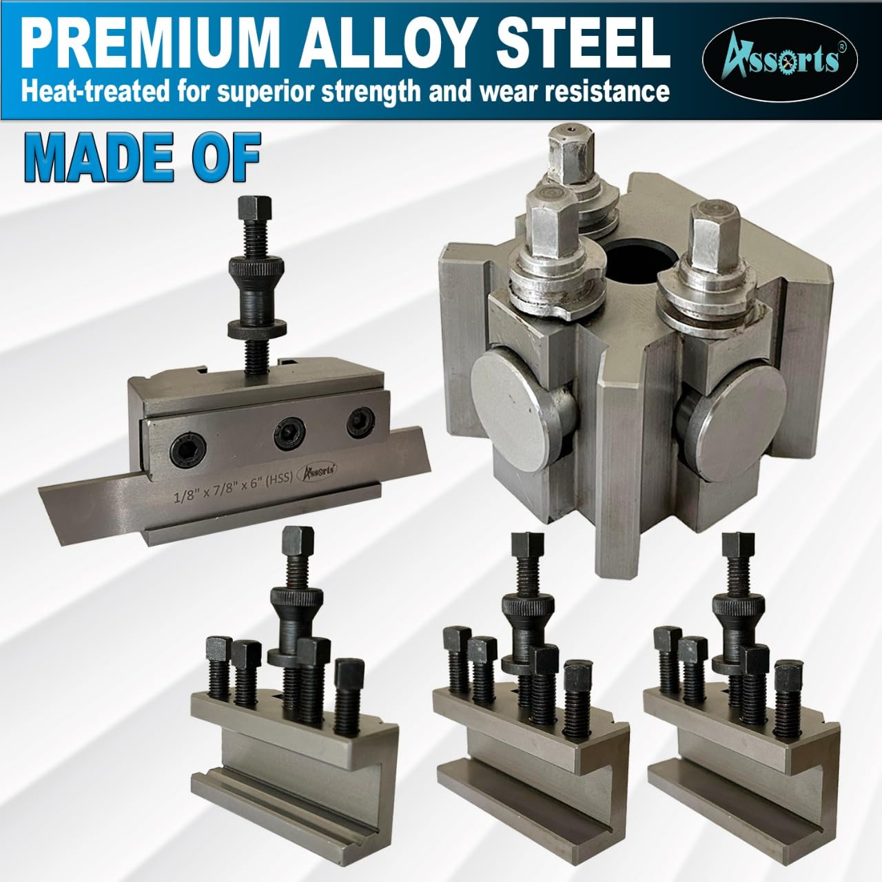 T-2, S2 Quick Change Tool Post Set with 2 Standard Holders, 1 Vee Holder & 1 Parting Holder with 1/8” X 7/8” X 6” (P) HSS Parting Blade.