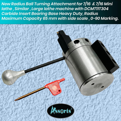 Assorts Heavy-Duty Radius Ball Turning Attachment for 7x14 & 7x16 Mini Lathes – DCMT11T304 Carbide Insert – Max 65mm Radius – Concave & Convex Metal Balls – Bearing Base 0–90°