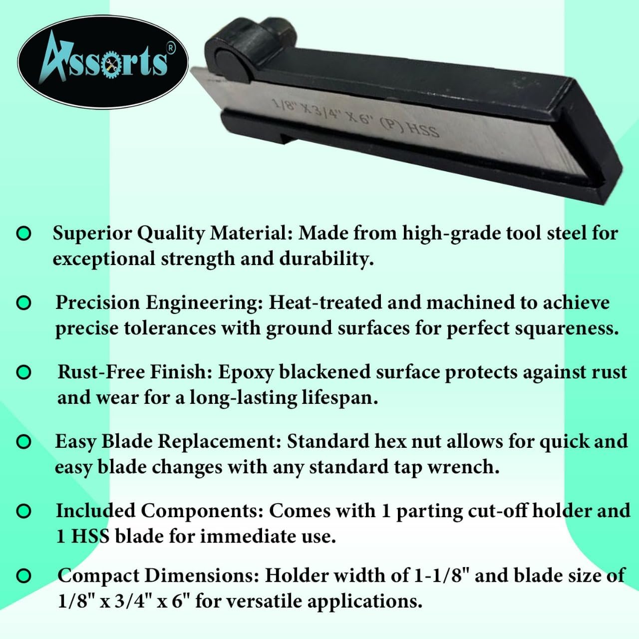 Lathe Cut-Off Parting Tool Holder 1-1/8" Width with High-Speed Steel Blade 1/8" x 3/4" x 6"