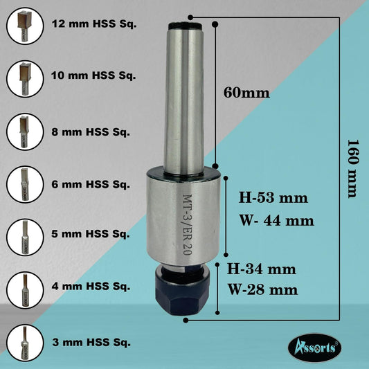 ASSORTS MT3 Shank Rotary Broaching Tool Set with ER20 Holder & 7 High Speed Steel Square Broach Punches | 3–12mm Internal Square Hole Cutter for CNC, Lathe & Mill Machining