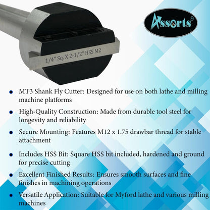 Fly Cutter MT3 Shank (M12 x 1.75 Drawbar) for Lathe & Milling Machine with HSS Bitx