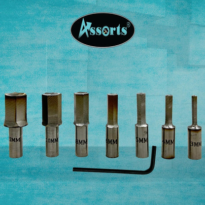 Assorts Newly Developed Rotary Broach (Metric) – R8 Shank (7/16” UNF Drawbar Thread) + 7 PCS H.S.S. Hex Punch Set (3–12 mm)