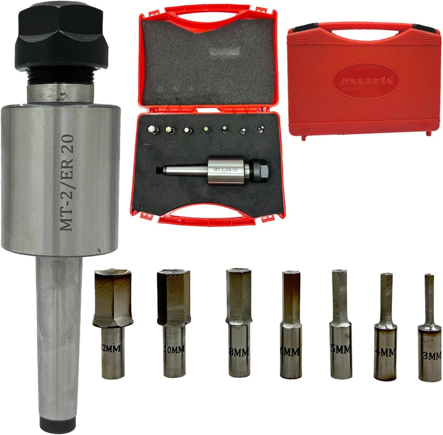 ASSORTS MT-2 Shank Rotary Broach Holder with ER20 Adapter & 7-Piece HEX Broach Set (3–12mm) for CNC Lathe, Milling Machine, Precision Internal Hex Cutting Tools