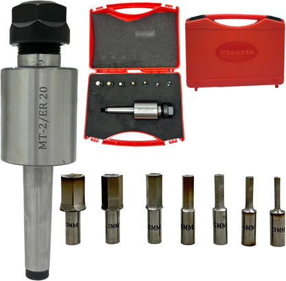 ASSORTS MT-2 Shank Rotary Broach Holder with ER20 Adapter & 7-Piece HEX Broach Set (3–12mm) for CNC Lathe, Milling Machine, Precision Internal Hex Cutting Tools