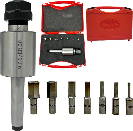 ASSORTS MT-2 Shank Rotary Broach Holder with ER20 Adapter & 7-Piece HEX Broach Set (3–12mm) for CNC Lathe, Milling Machine, Precision Internal Hex Cutting Tools