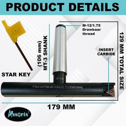 Assorts 7″ Balanced Fly Cutter Indexable Face Milling Cutter with MT3 Shank (M12 × 1.75 Drawbar Thread), Single TCMT1604 Insert, Torx Screw & Star Key Included