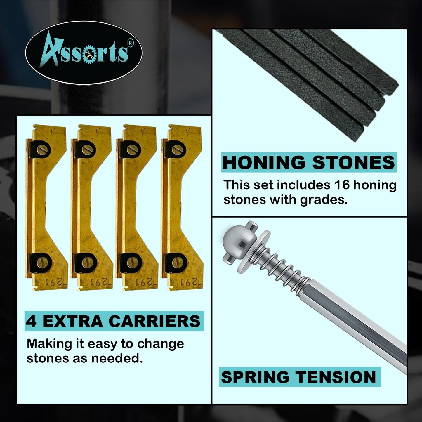 Assorts Engine Cylinder Hone Kit Adjustable Handheld Honing Tool with 4 Extra Carriers & 16 Stones (34–60mm (3" x 1/4" x 1/4"))