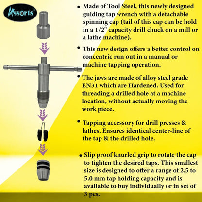 ASSORTS Precision Guiding Tap Wrench with Detachable Spinning Cap - Tool Steel, 1/2" Capacity