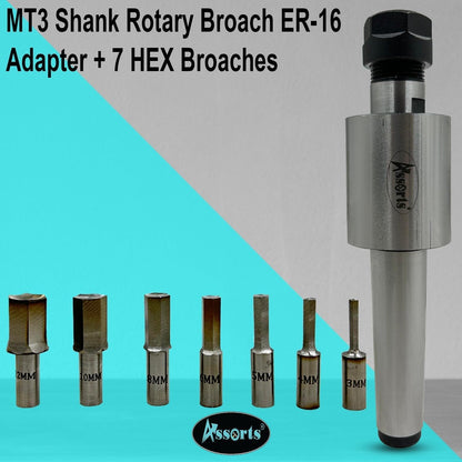 ASSORTS MT3 Shank Rotary Broach Holder with ER-16 Adapter – Precision Internal Hex Broaching Tool Set with 7 HSS Hex Broaches 2mm to 10mm for CNC Milling Machines, Lathes & Metalworking