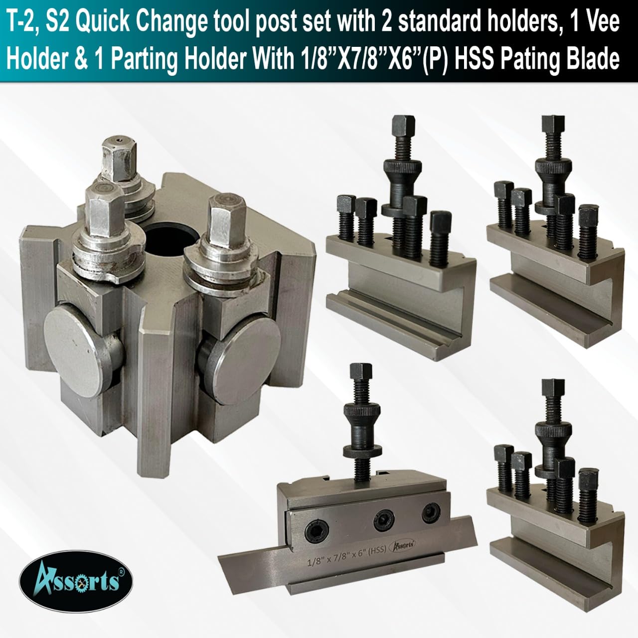 T-2, S2 Quick Change Tool Post Set with 2 Standard Holders, 1 Vee Holder & 1 Parting Holder with 1/8” X 7/8” X 6” (P) HSS Parting Blade.