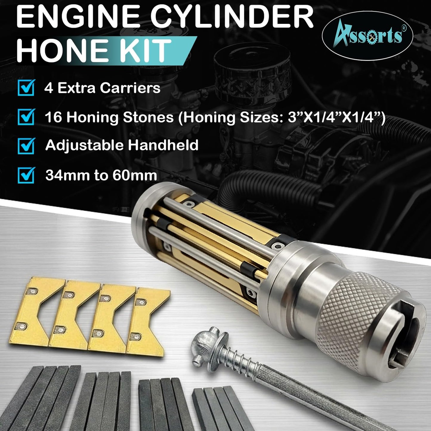 Assorts Engine Cylinder Hone Kit Adjustable Handheld Honing Tool with 4 Extra Carriers & 16 Stones (34–60mm (3" x 1/4" x 1/4"))