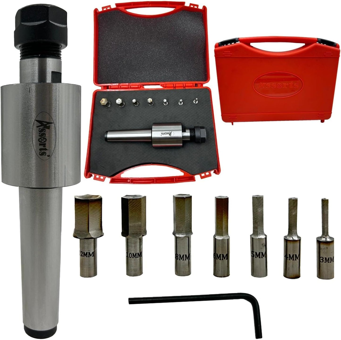 ASSORTS MT3 Shank Rotary Broach Holder with ER-16 Adapter – Precision Internal Hex Broaching Tool Set with 7 HSS Hex Broaches 2mm to 10mm for CNC Milling Machines, Lathes & Metalworking