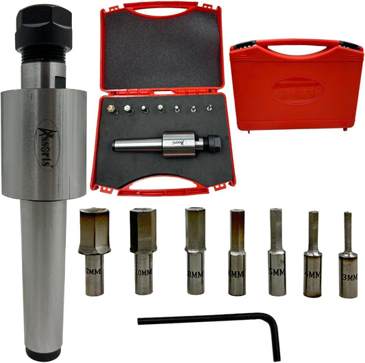 ASSORTS MT3 Shank Rotary Broach Holder with ER-16 Adapter – Precision Internal Hex Broaching Tool Set with 7 HSS Hex Broaches 2mm to 10mm for CNC Milling Machines, Lathes & Metalworking