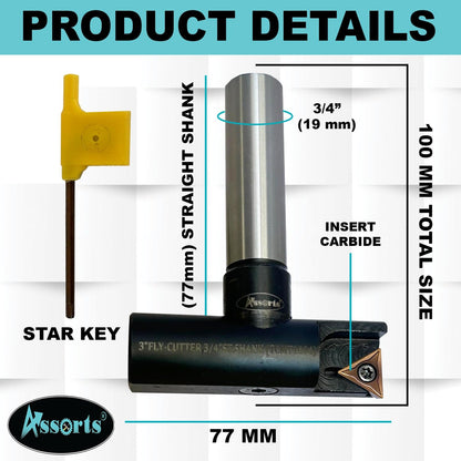 ASSORTS New Balanced Design 3″ Indexable Fly Cutter with 3/4″ Straight Shank, Single Insert Face Milling Cutter, TCMT1604 Insert, Torx Screw & Star Key Included