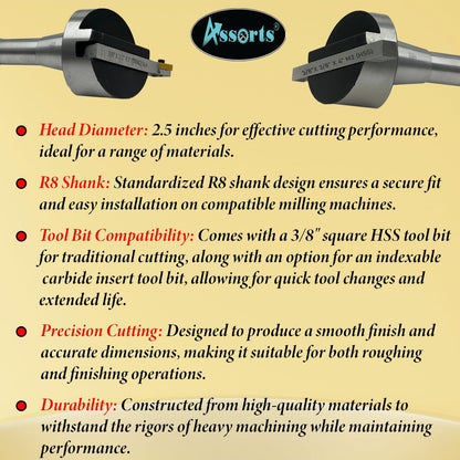 Assorts 2.5" Fly Cutter with R8 Shank (7/16" UNF Drawbar) for Milling Machines – Includes 3/8" Square HSS Tool Bit and Indexable Carbide Insert Tool