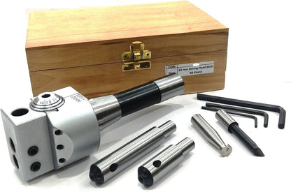 PRECISION BORING HEAD 62 MM DIAMETER FOR LATHE, MILLING MACHINE -QUALITY TOOLS ACCESSORIES WITH FLY CUTTERS, CARBIDE BRAZED TOOL SETS // 1 DIV=0.01 MM (R8 SHANK (7/16" UNF x 20 TPI DRAWBAR))