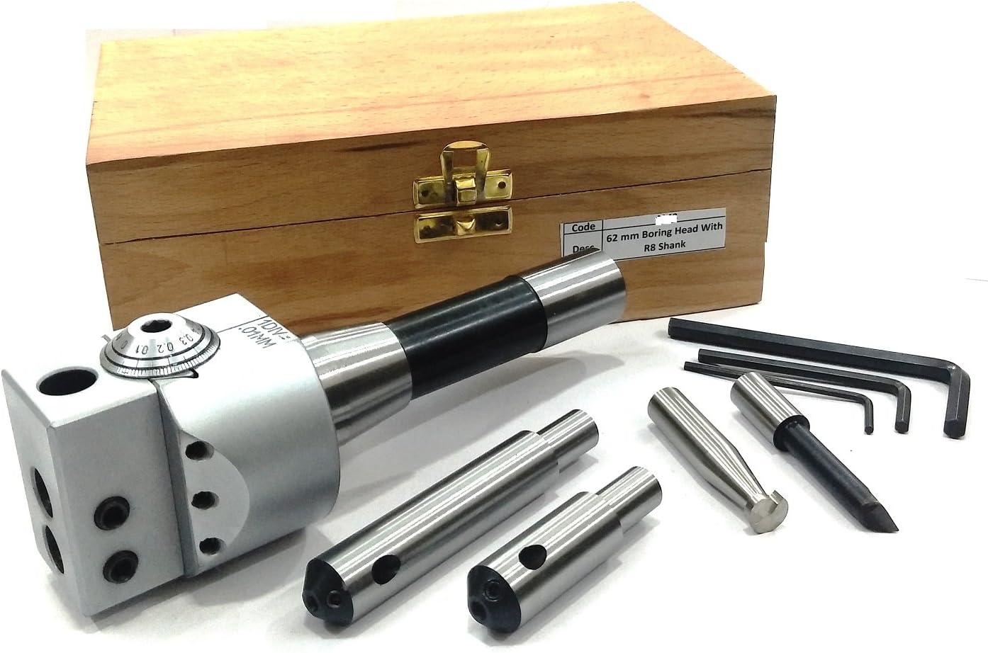 PRECISION BORING HEAD 62 MM DIAMETER FOR LATHE, MILLING MACHINE -QUALITY TOOLS ACCESSORIES WITH FLY CUTTERS, CARBIDE BRAZED TOOL SETS // 1 DIV=0.01 MM (R8 SHANK (7/16" UNF x 20 TPI DRAWBAR))