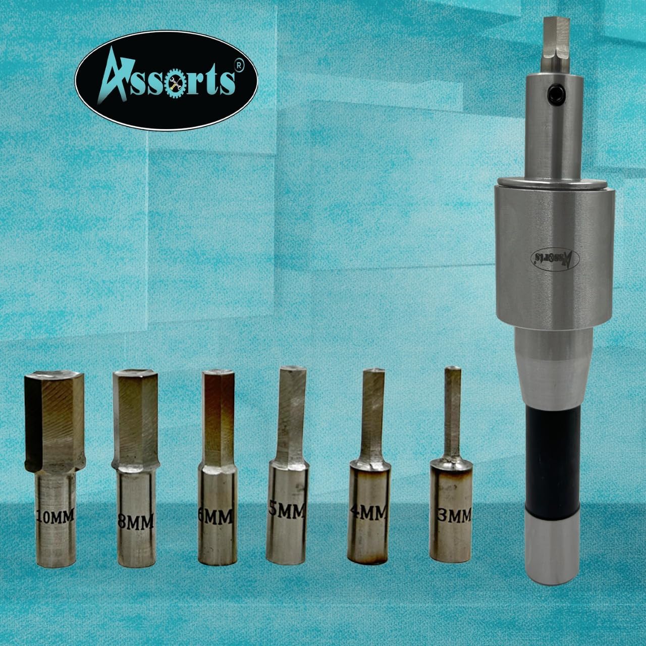 Assorts Newly Developed Rotary Broach (Metric) – R8 Shank (7/16” UNF Drawbar Thread) + 7 PCS H.S.S. Hex Punch Set (3–12 mm)