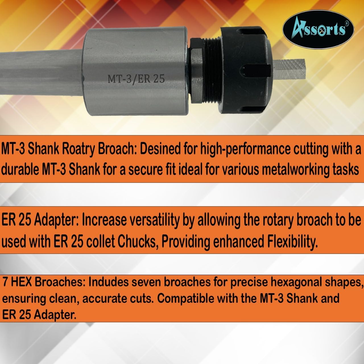 MT3 Shank Rotary Broach Kit with ER-25 Adapter and 7-Piece Hex Broach Set