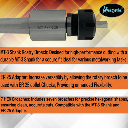 MT3 Shank Rotary Broach Kit with ER-25 Adapter and 7-Piece Hex Broach Set