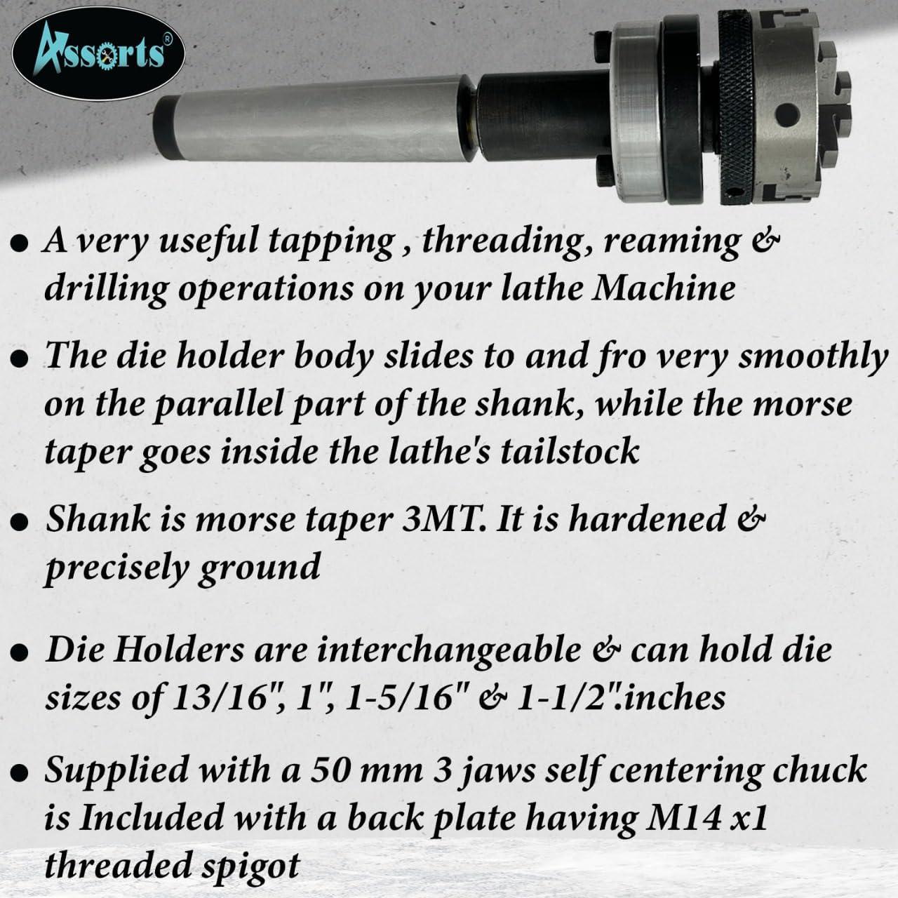 Lathe Tailstock Die Holder 3MT Shank- Tapping Threading Reaming Drilling+ 50 mm 3 jaw Self-Centering Chuck