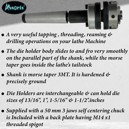 Lathe Tailstock Die Holder 3MT Shank- Tapping Threading Reaming Drilling+ 50 mm 3 jaw Self-Centering Chuck