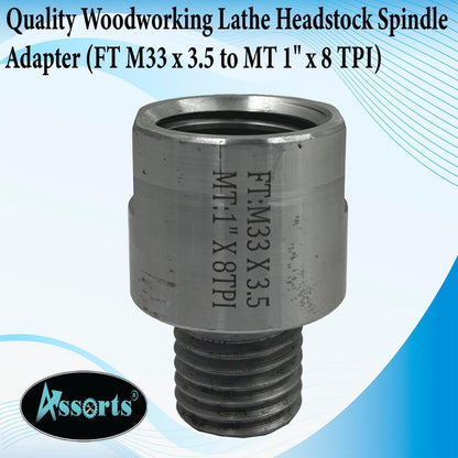 Quality Woodworking Lathe Headstock Spindle Adapter (FT M33 x 3.5 to MT 1" x 8 TPI)