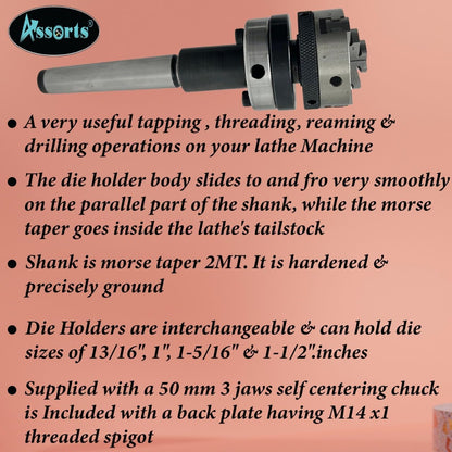 Lathe Tailstock Die Holder 2MT Shank- Tapping Threading Reaming Drilling + 50 mm 3 jaw Self-Centering Chuck