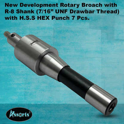 Assorts Newly Developed Rotary Broach (Metric) – R8 Shank (7/16” UNF Drawbar Thread) + 7 PCS H.S.S. Hex Punch Set (3–12 mm)