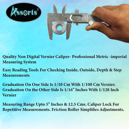 Quality Non Digital Vernier Caliper- Professional Metric -Imperial Measuring System Tools for Inside, Outside, Depth & Step Measurements (Stainless Steel Body)