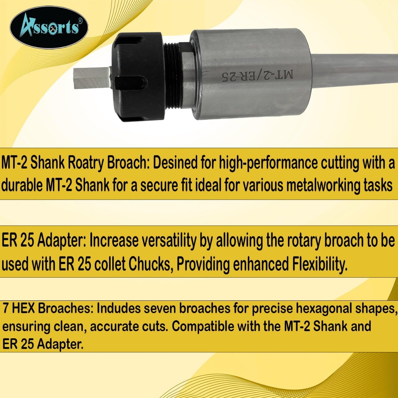 MT2 Shank Rotary Broach with ER-25 Adapter 7 Hex Broaches Set - Precision Machining Tool Kit