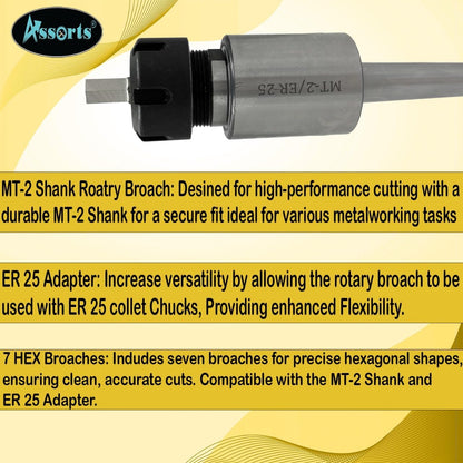 MT2 Shank Rotary Broach with ER-25 Adapter 7 Hex Broaches Set - Precision Machining Tool Kit