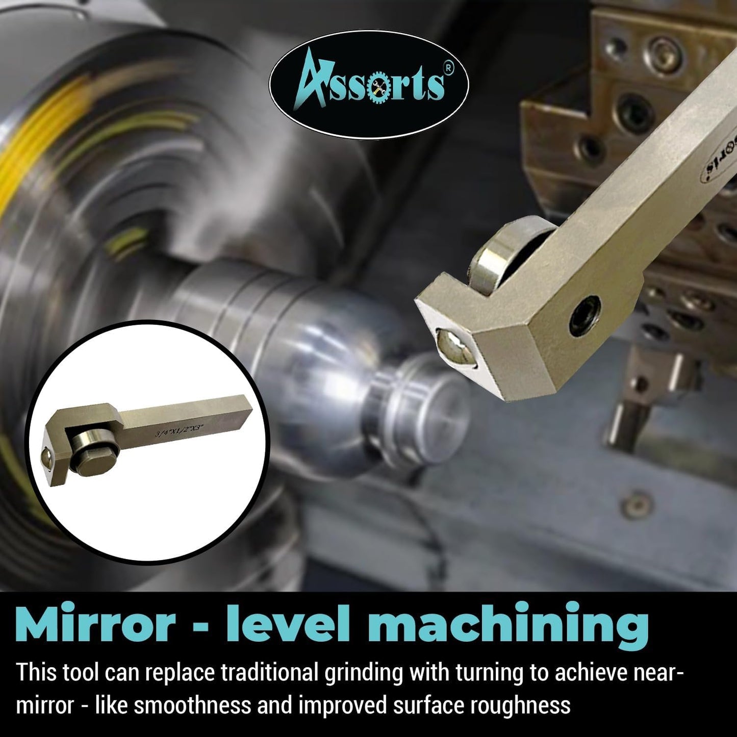 ASSORTS Entry Series Burnishing Tool with Premium Indexable Lathe Tool Holder, Light-Duty Surface Finishing Tool, 3/4?×1/2?×3? CNC & Conventional Lathe Compatible, Replaceable Carbide Insert