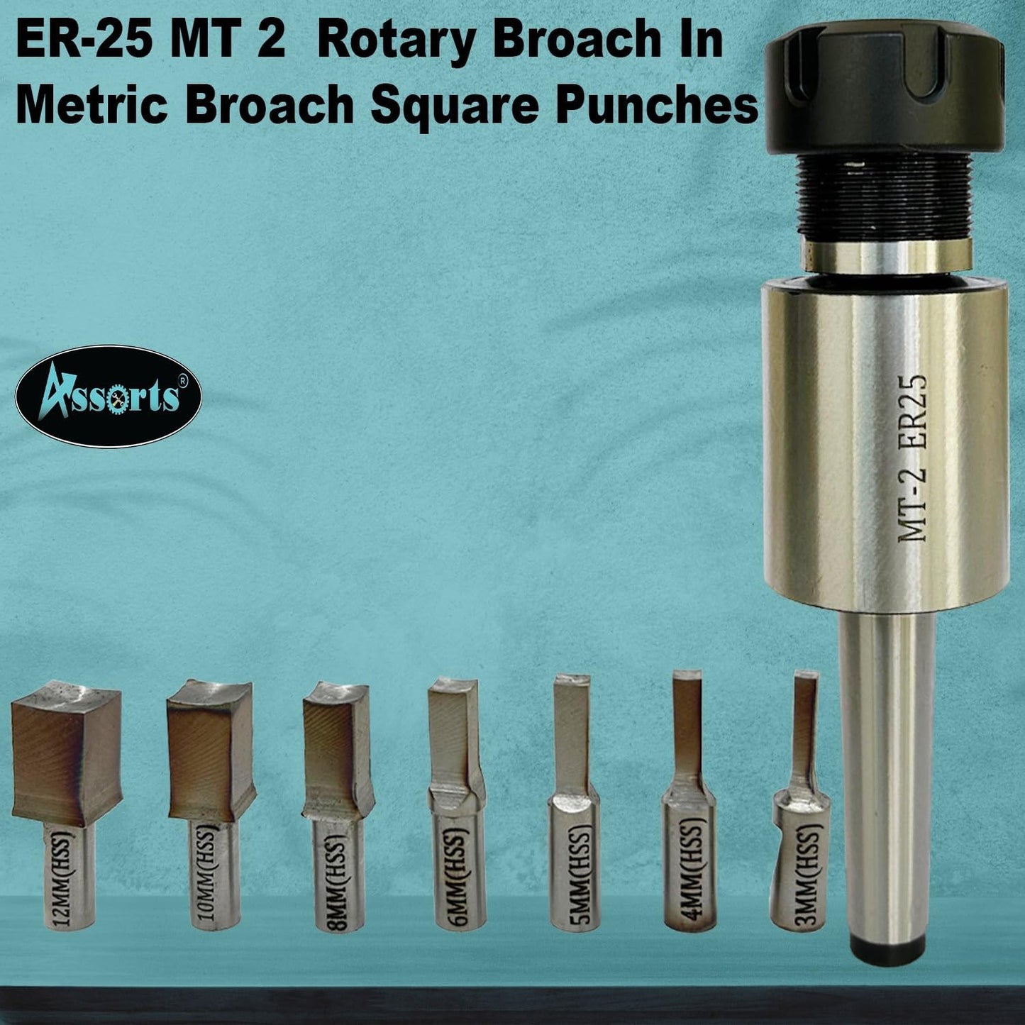 ASSORTS ER-25 MT2 Rotary Broach Holder with Metric Square Broach Punch Set | 3–12mm HSS Square Rotary Broaching Tools for Lathe, Milling & CNC Precision Machining | Durable ER25 MT2 Tooling Kit