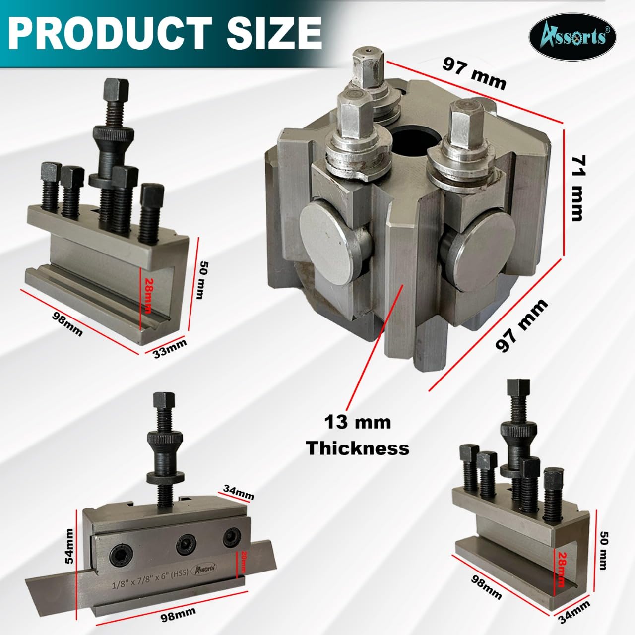 T-2, S2 Quick Change Tool Post Set with 2 Standard Holders, 1 Vee Holder & 1 Parting Holder with 1/8” X 7/8” X 6” (P) HSS Parting Blade.