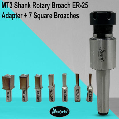 ASSORTS MT3 Shank Rotary Broach ER-25 Adapter with 7 Square Broaches (3mm to 12mm) | High Precision CNC Broaching Tool Set for Square Hole Cutting | Durable Tool Steel Broach Kit