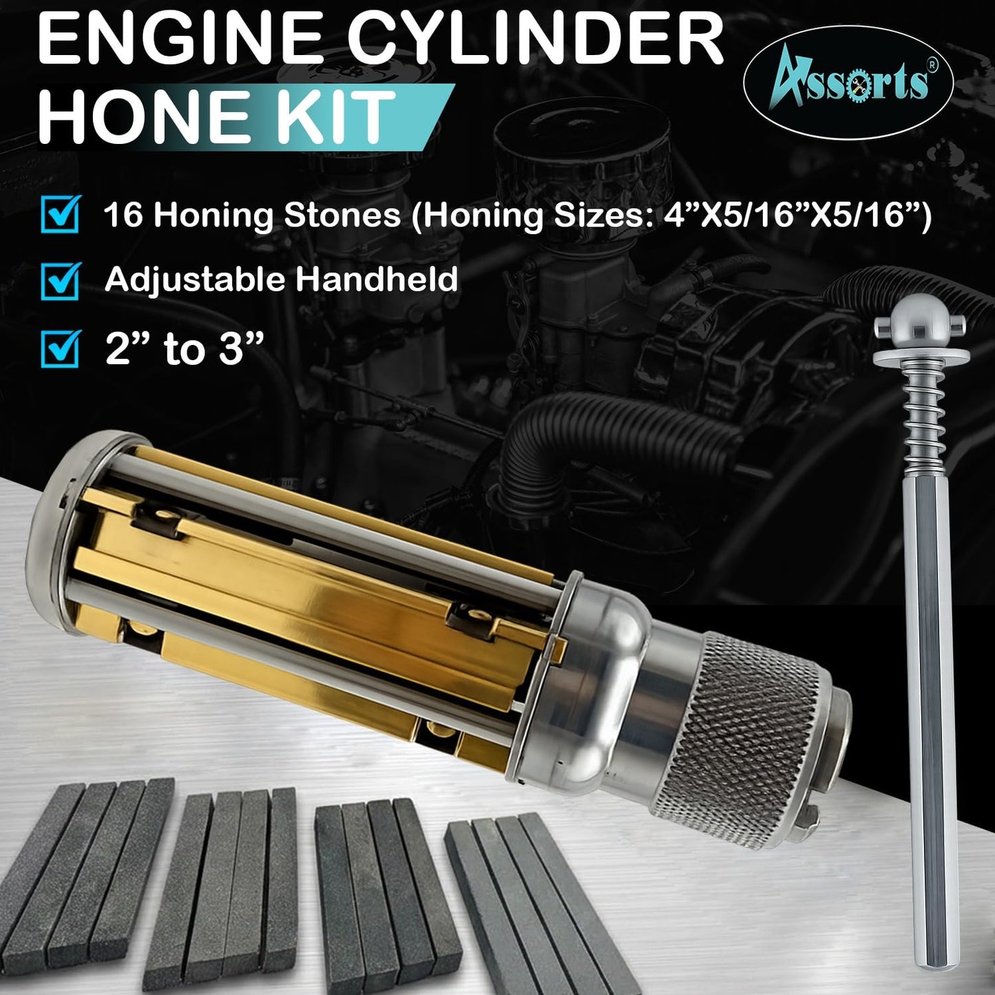 Assort Engine Cylinder Hone Kit 62–88mm Adjustable Handheld Honing Tool Set with 4 Extra Carriers & 16 Stones (3" x3/8" x3/8") – Precision Honing for Mid to Large Car Engines, Durable & Easy to Use