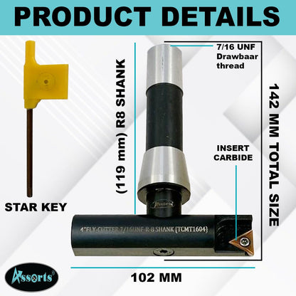 ASSORTS 4″ Indexable Fly Cutter with R8 Shank (7/16-20 UNF Drawbar Thread), Balanced Face Milling Tool with TCMT1604 Insert for Smooth Surface Finish & Precision Machining