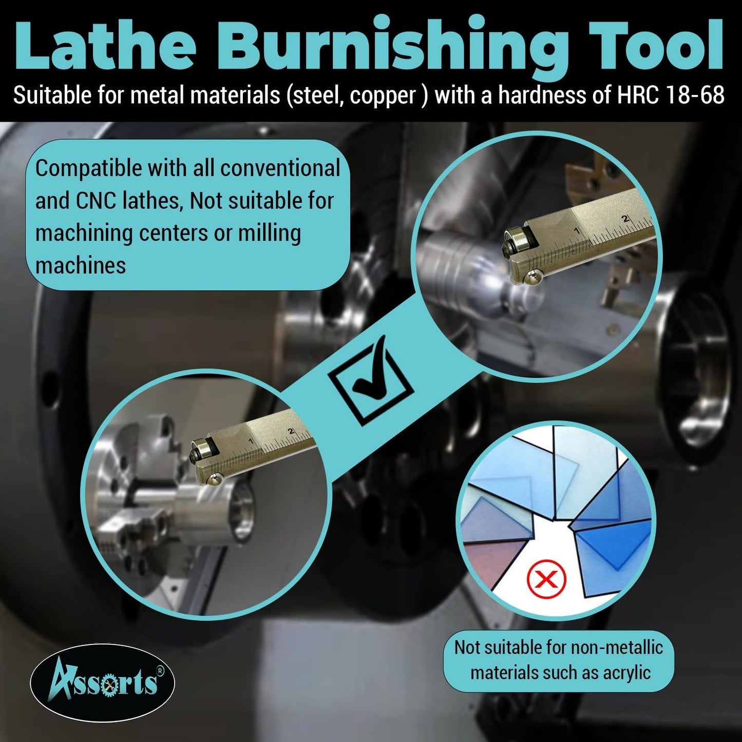 ASSORTS Dual Burnishing Tool  Internal & External Burnishing Tool for Lathe & CNC | Mirror Finish Tool | Industrial Grade | Shank 5/8 x 1-3/8 x 7 | Min Bore Ø40 mm