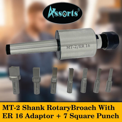 Assorts MT-2 Shank Rotary Broach with ER16 Adapter and 7 Square Broaches