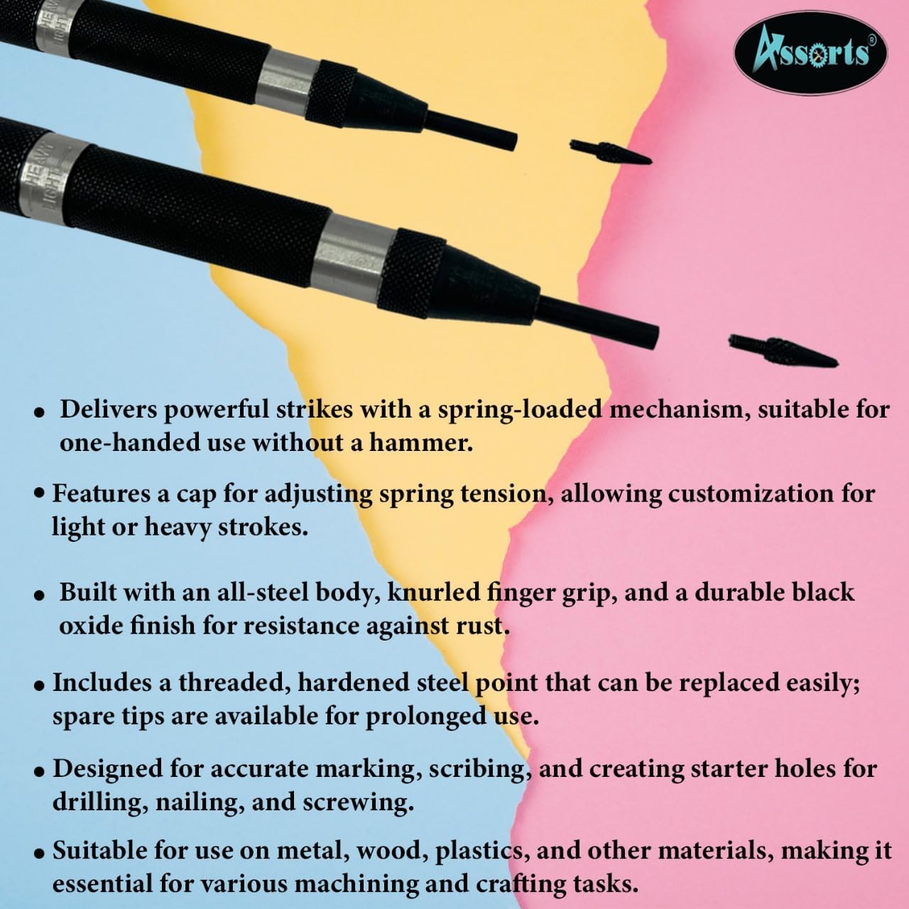 Assorts Automatic Center Punch with Replaceable Hardened Steel Tip (Set of Both)