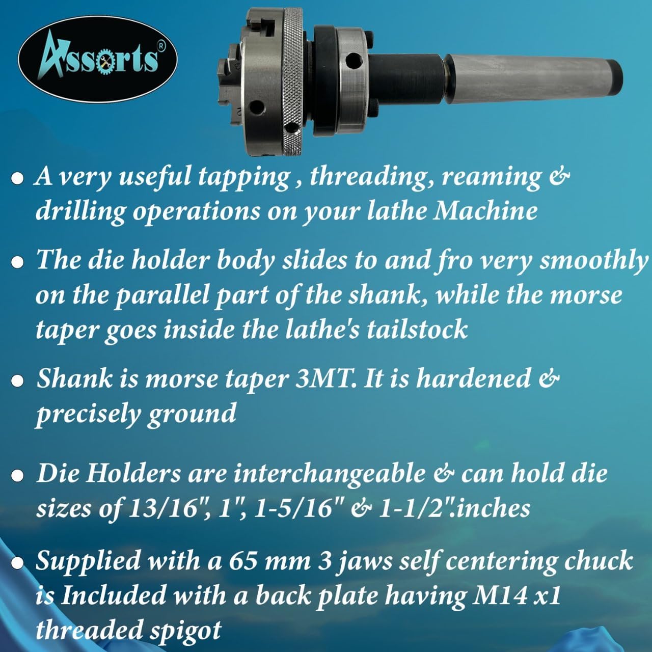 Lathe Tailstock Die Holder 3MT Shank- Tapping Threading Reaming Drilling+ 65 mm 3 jaw Self-Centering Chuck