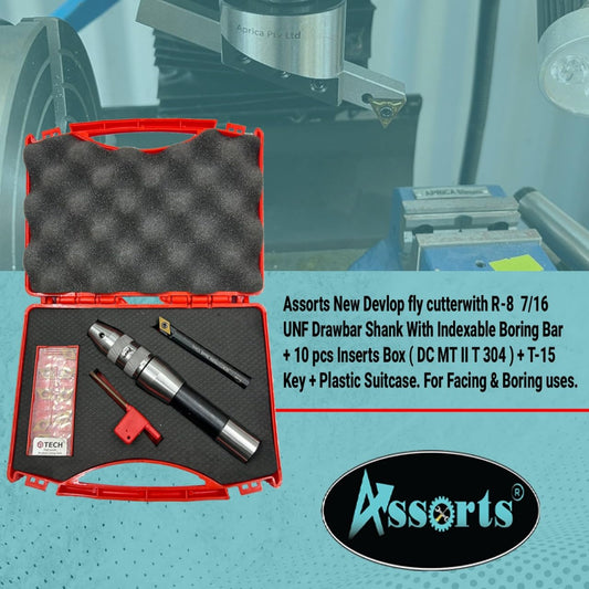 Assorts New Fly Cutter with R8 7/16 UNF Drawbar Shank, indexable Boring bar, 10 PCS Inserts (DCMT 11 T304), T-15 Key & Plastic case. Ideal for Facing & Boring. Watch The Working Video for Details