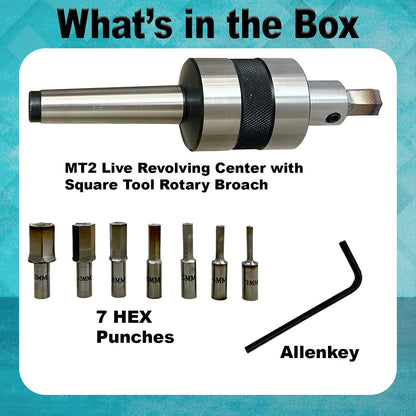 ASSORTS MT2 Live Revolving Center with Hex Rotary Broach Punch Set – Precision Lathe Tool for Internal Hex Broaching – Hardened HSS Hex Broaches 2mm to 12mm for CNC & Manual Lathe Machining