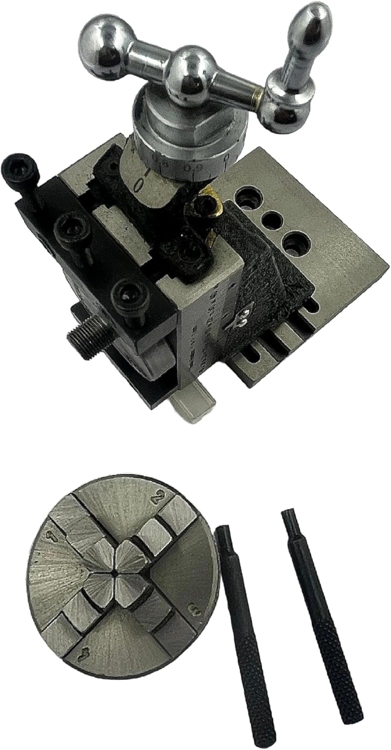 Assorts New Mini Fixed Vertical Slide (90mm x 50mm) with 3-Slots, Precision Side Scale, and 50mm 4-jaw Self-Centering Chuck with Back Plate and Base Plate - for Mini Lathe Applications