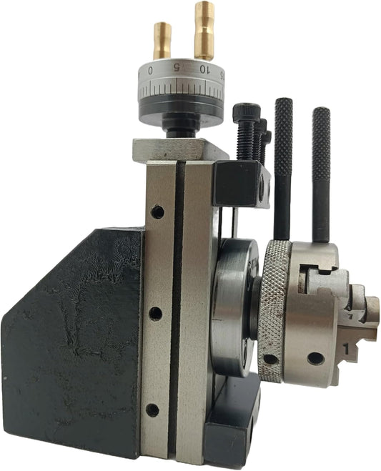 Assorts Mini Vertical Slide, measuring 90mm x 50mm, equipped with a 50mm 3-Jaw Self-Centering Chuck, complete with a back plate featuring an integrated side scale for mini lathe metalworking projects