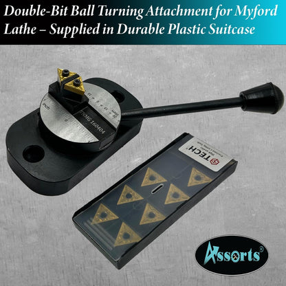 Assorts Lathe Ball Turning Attachment – Oval Base with Graduation Scale – Double Bit – Convex & Concave Metal Sphere Radius Turning Fits Myford & Similar Lathes – Supplied in Plastic Suitcase with 1 Cutting Bit Box