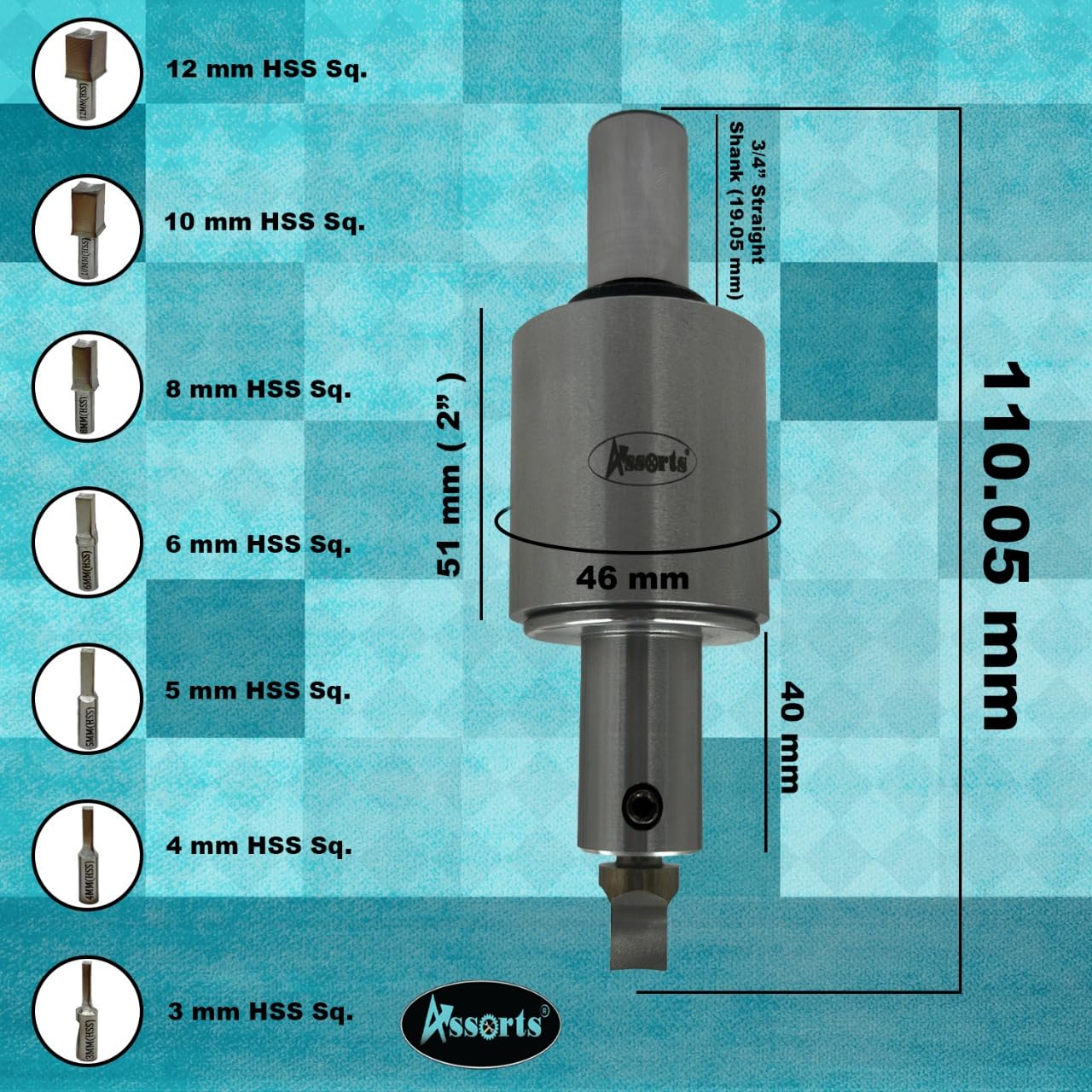 Assorts Newly Developed Rotary Broach (Metric) – 3/4” (19.05 mm) Straight Shank + 7 PCS H.S.S. Square Punch Set (3–12 mm)-Enhanced with Wobble Feature
