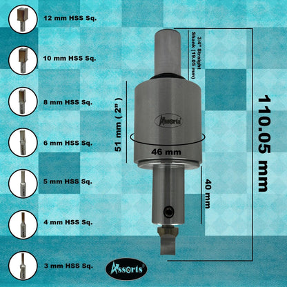 Assorts Newly Developed Rotary Broach (Metric) – 3/4” (19.05 mm) Straight Shank + 7 PCS H.S.S. Square Punch Set (3–12 mm)-Enhanced with Wobble Feature