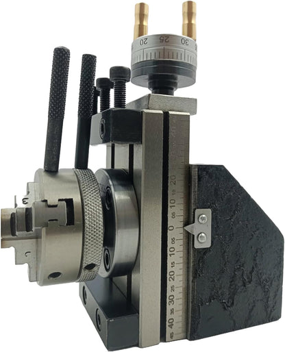 Assorts Mini Vertical Slide, measuring 90mm x 50mm, equipped with a 50mm 3-Jaw Self-Centering Chuck, complete with a back plate featuring an integrated side scale for mini lathe metalworking projects